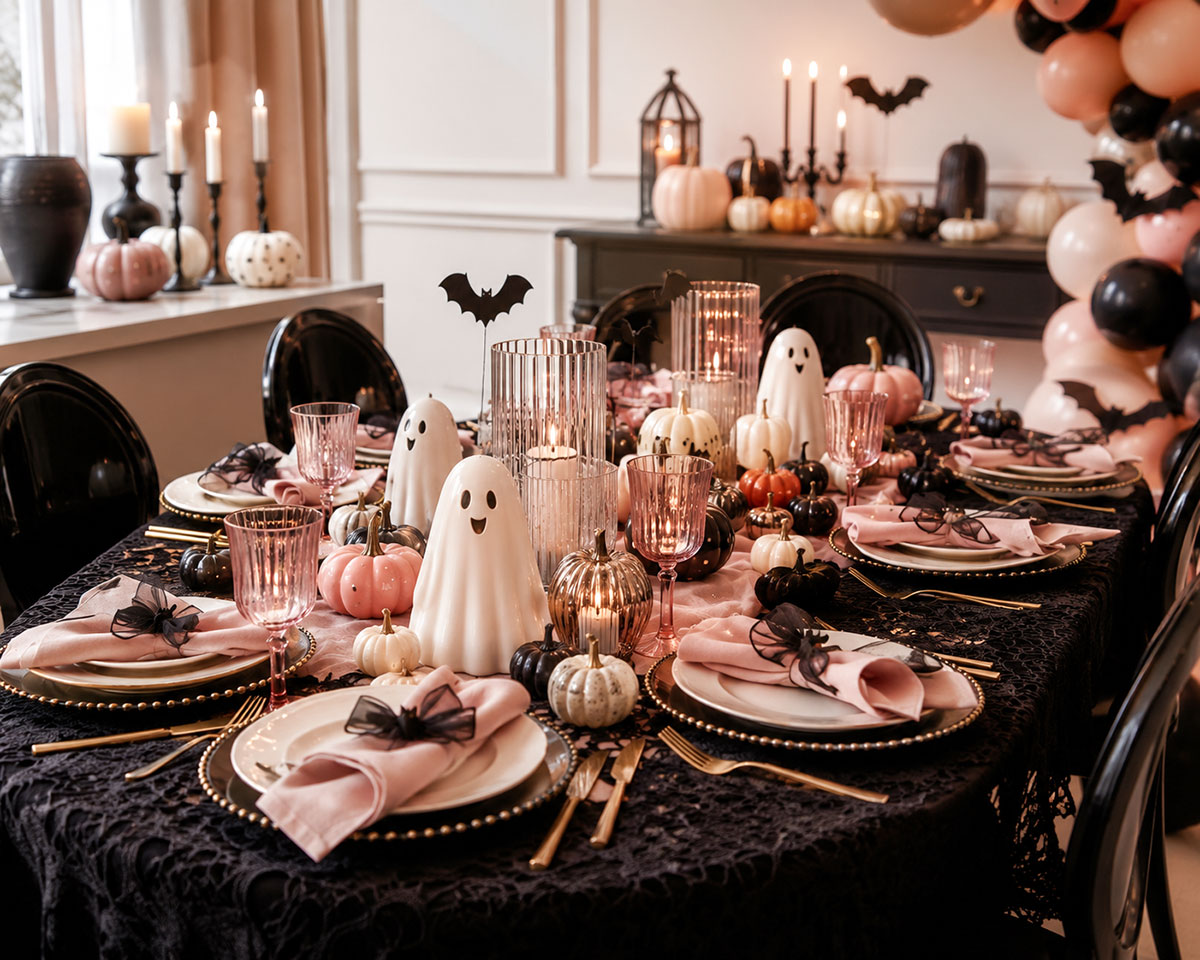 Halloween themed baby shower table with cream pumpkins, friendly ghost decorations, black accents and rust-colored linens