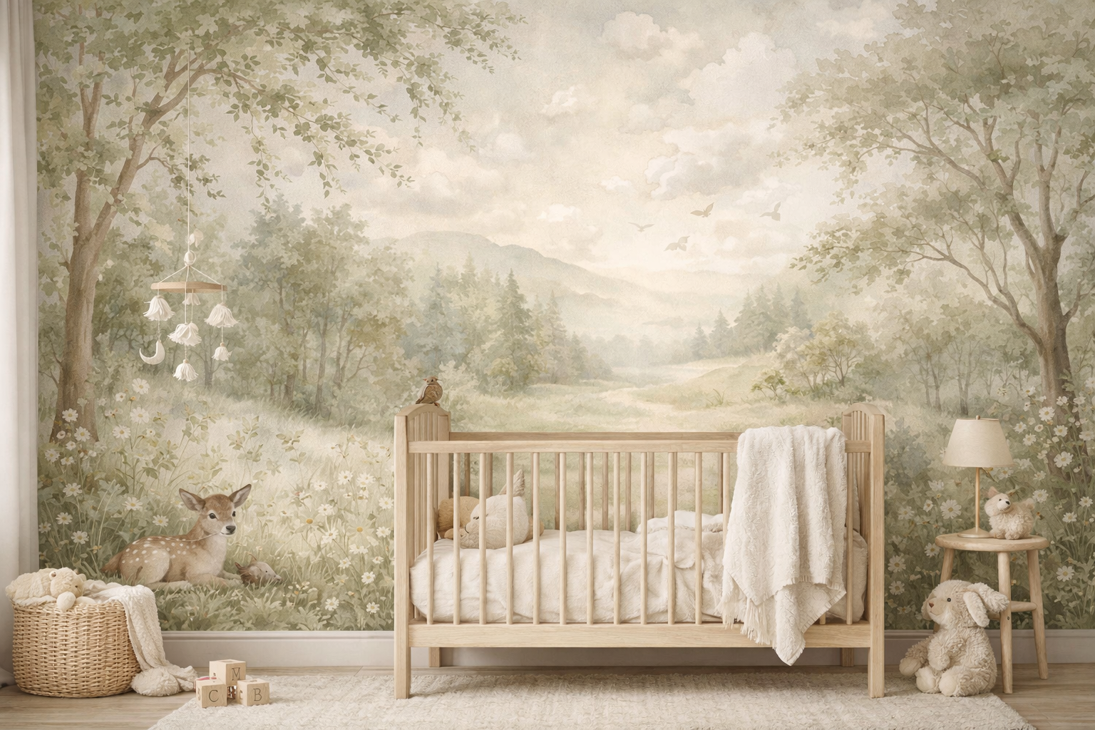 Hand-painted nature baby nursery mural with soft landscape scene behind a wooden crib