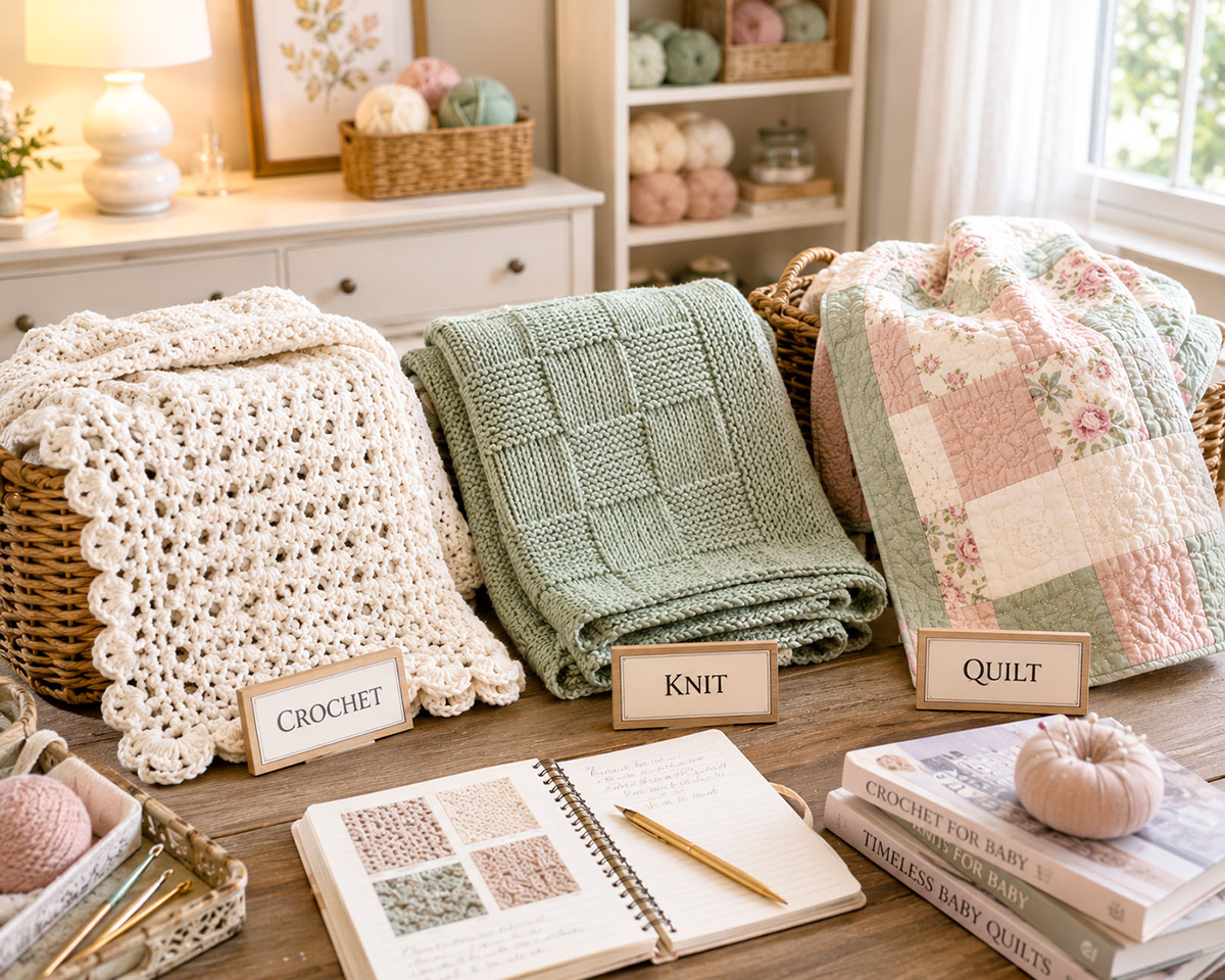 Crocheted, knitted and quilted baby blankets displayed in separate folded stacks