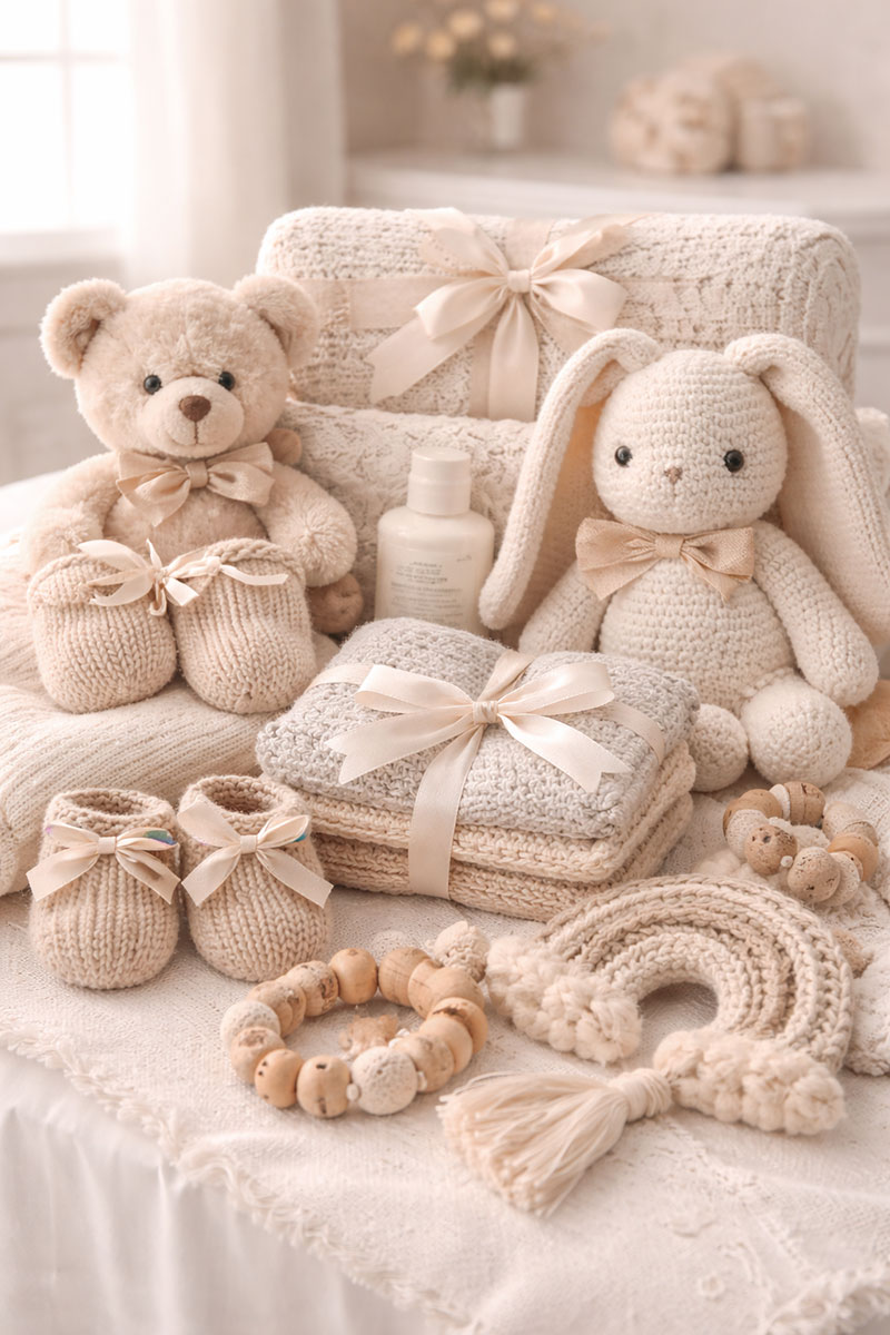 Handmade baby shower gift ideas including knitted baby items