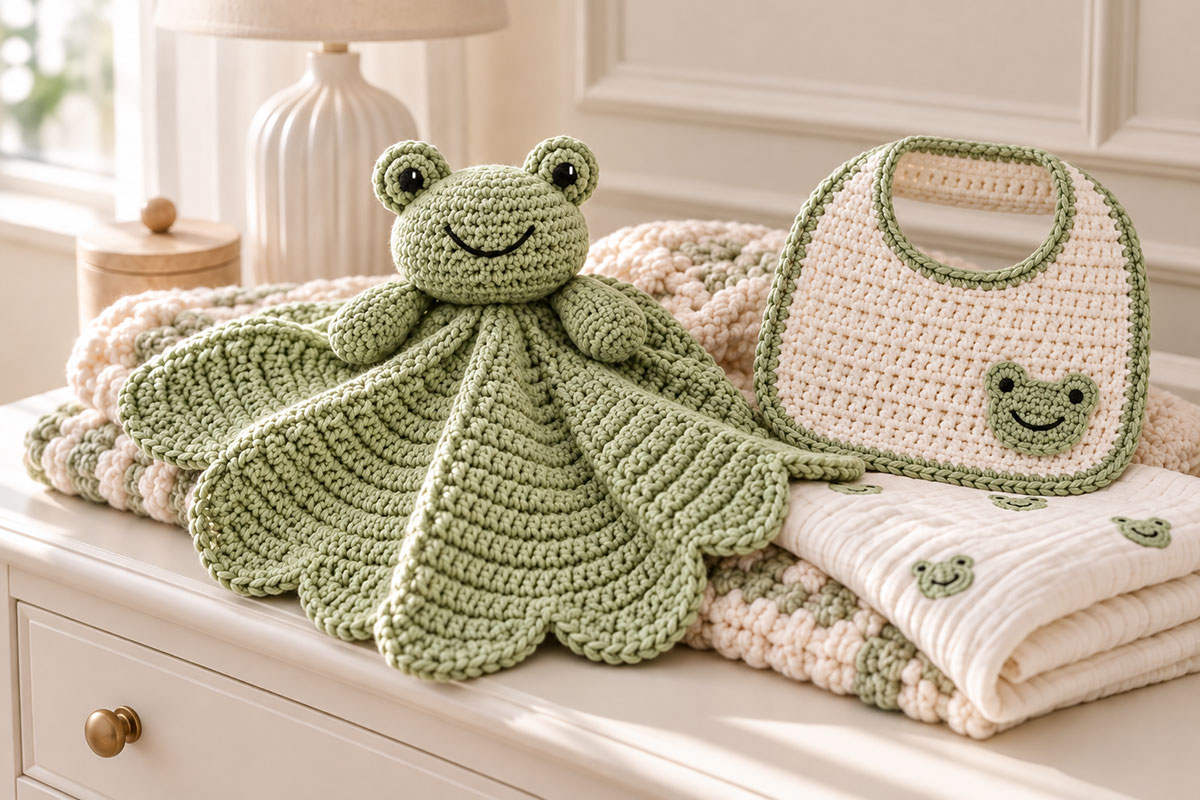 Handmade crochet frog baby gift with an embroidered frog lovey, folded baby blanket and simple bib arranged as a gift