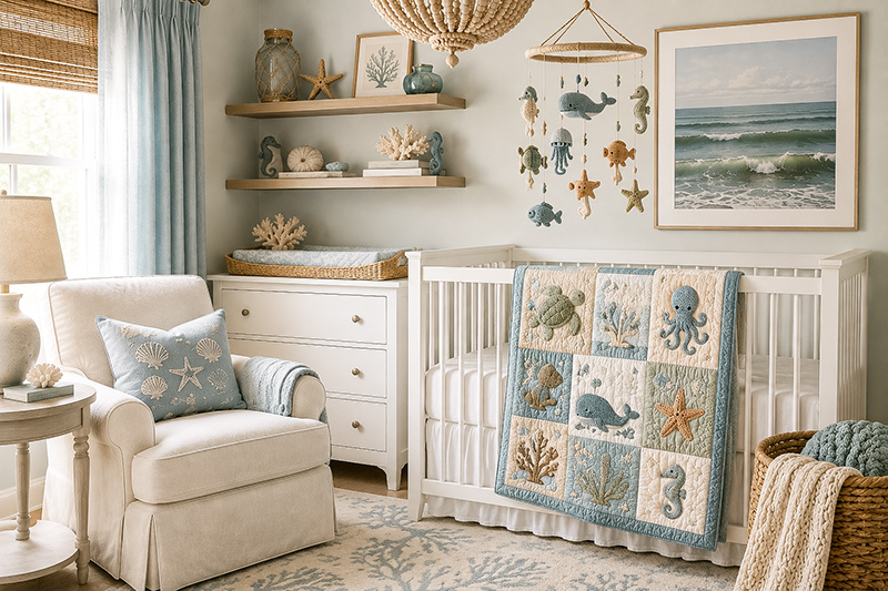 Handmade ocean nursery details with coastal inspired nursery styling