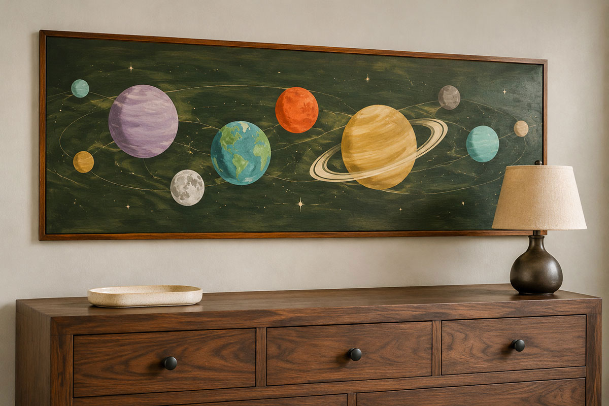 Hand painted solar system wall panel with colorful planets displayed above a secured walnut nursery dresser