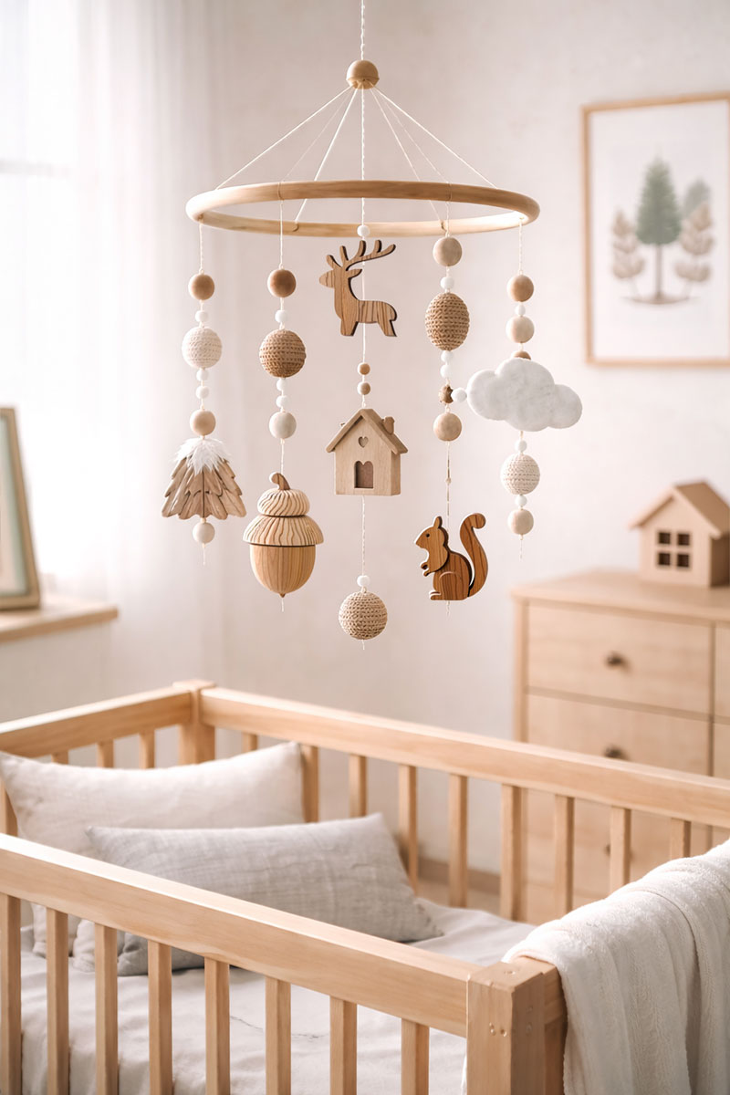 Handmade wooden baby mobile with natural tones