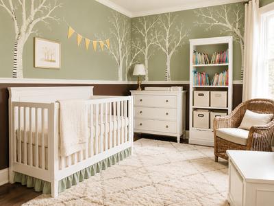 Sage Green and Brown Gender Neutral Nursery with Tree Wall Painting Technique
