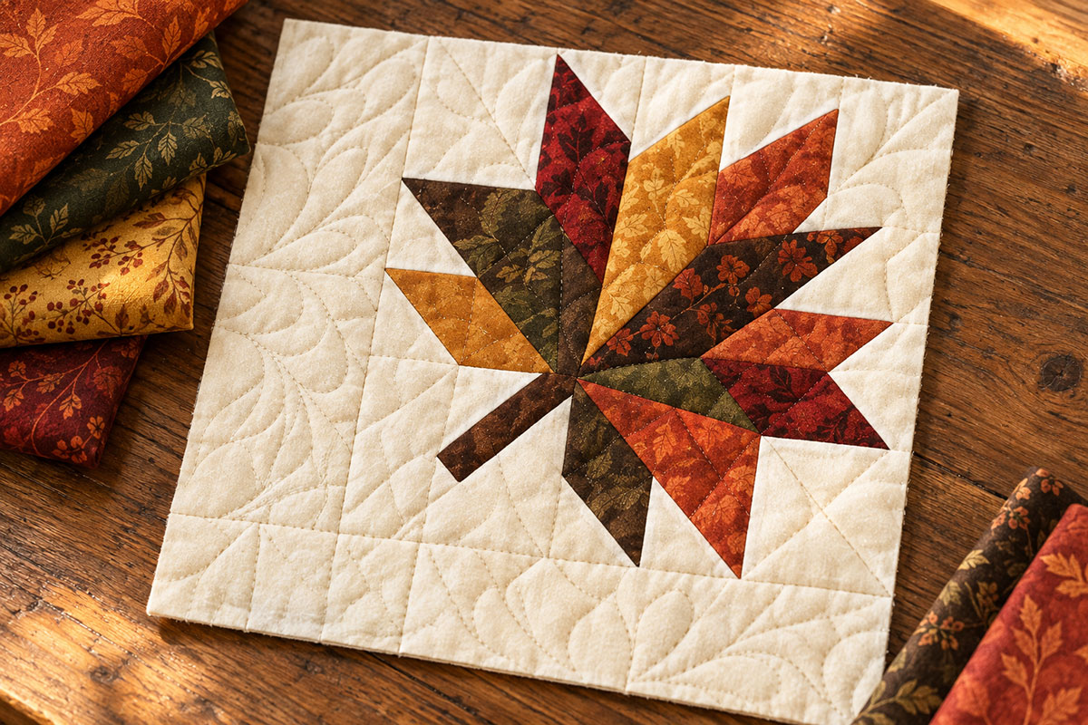 Pieced maple leaf block for the Hearts of Fall heart quilt pattern showing rust pumpkin gold olive and brown autumn fabrics