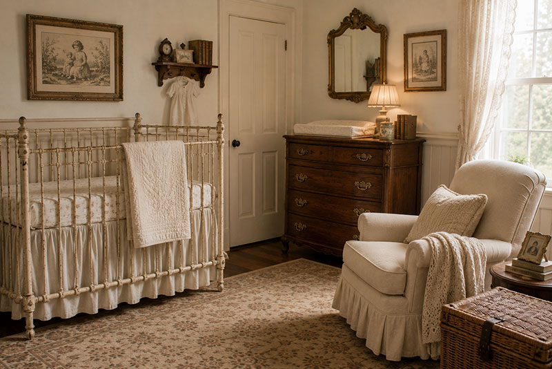 Heirloom style woodland nursery furniture with spindle crib, walnut dresser, and antique-inspired lighting