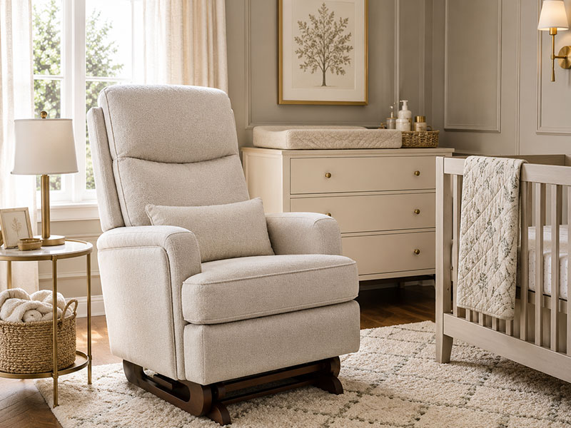 high back nursery glider with extra room for a taller adult beside a crib
