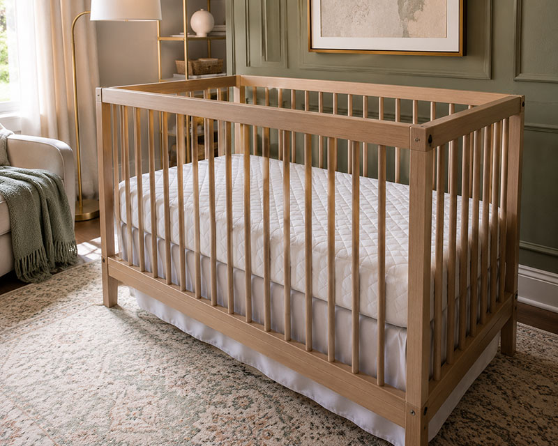 Close view of modern crib mattress with fitted sheet and ventilated construction