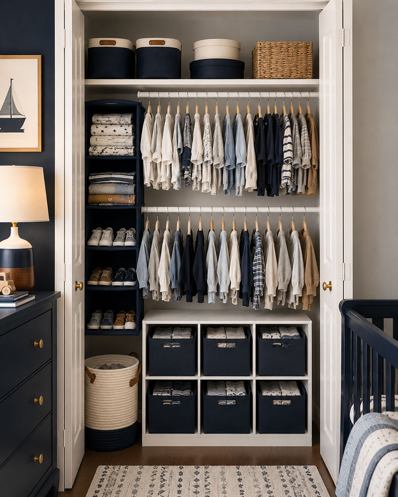Editorial style small nursery closet organizer with upscale drawers, colorful clothing, and layered nursery storage