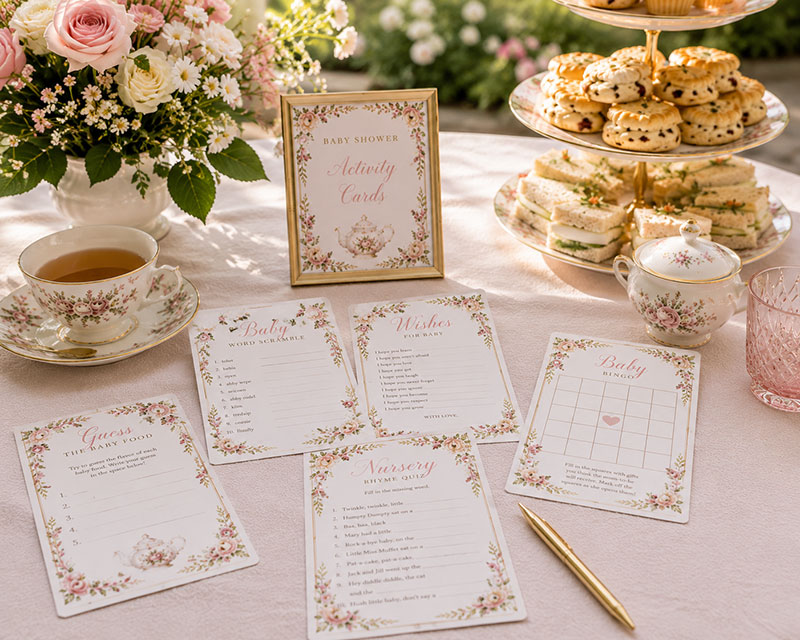 High tea baby shower activity cards displayed on a tea party table