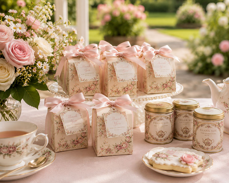 Tea themed baby shower favors including tea sachets and small jars