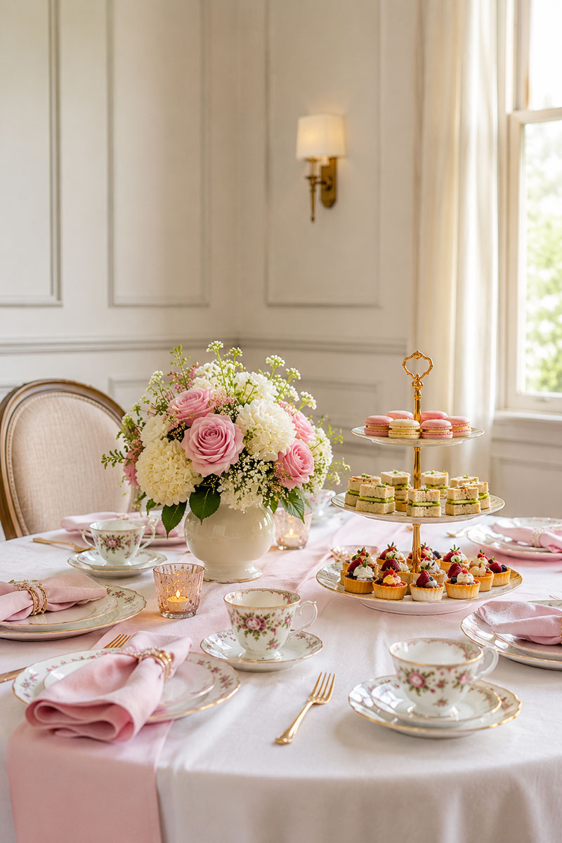 Tea party food display with sandwiches pastries and desserts