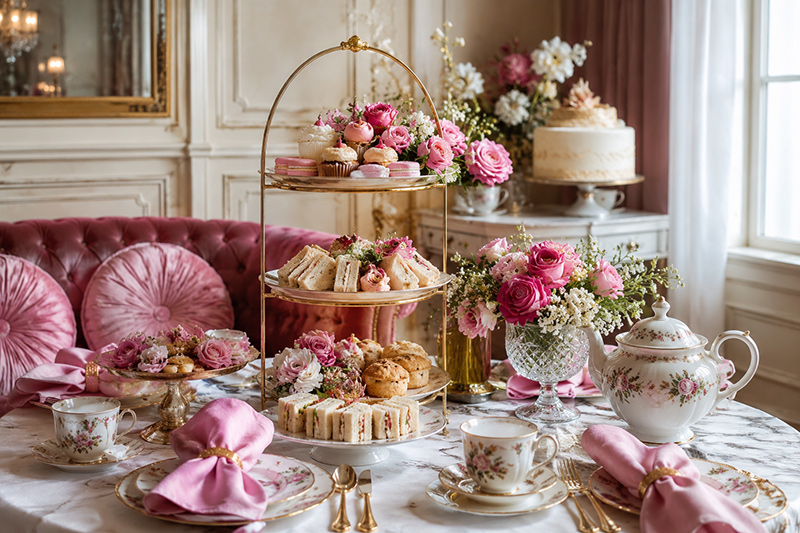 High tea baby shower ideas with tea party decorations, tiered desserts, flowers, teacups, and elegant party food