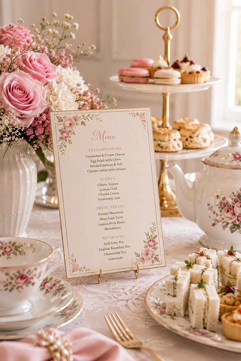 High tea baby shower menu displayed on serving trays