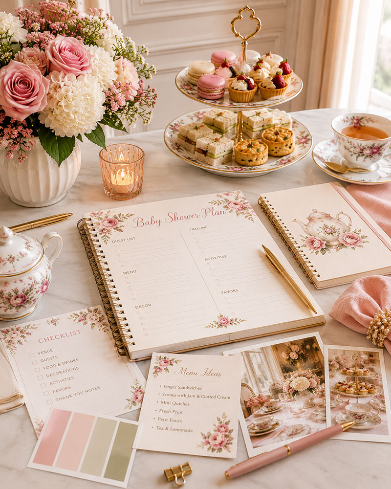 Planning materials and checklist for a high tea baby shower