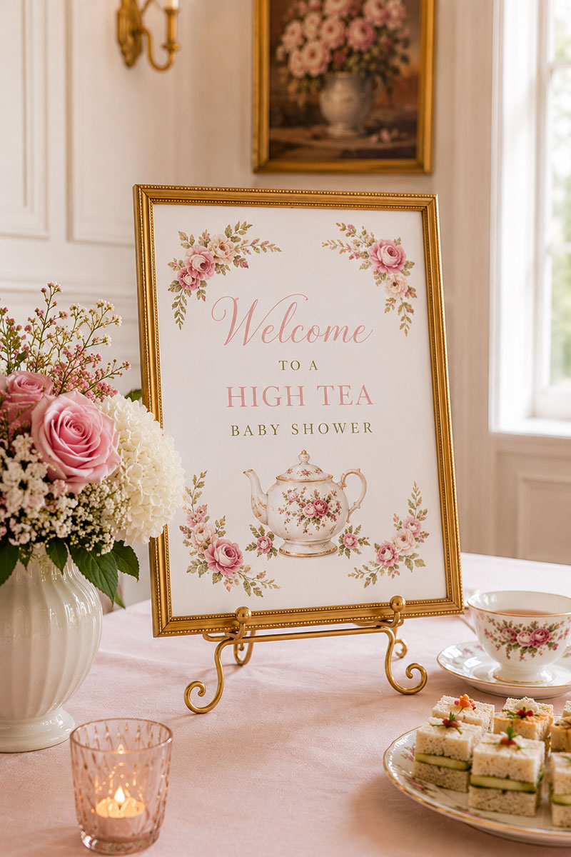 Tea party signs and invitations displayed for a high tea baby shower