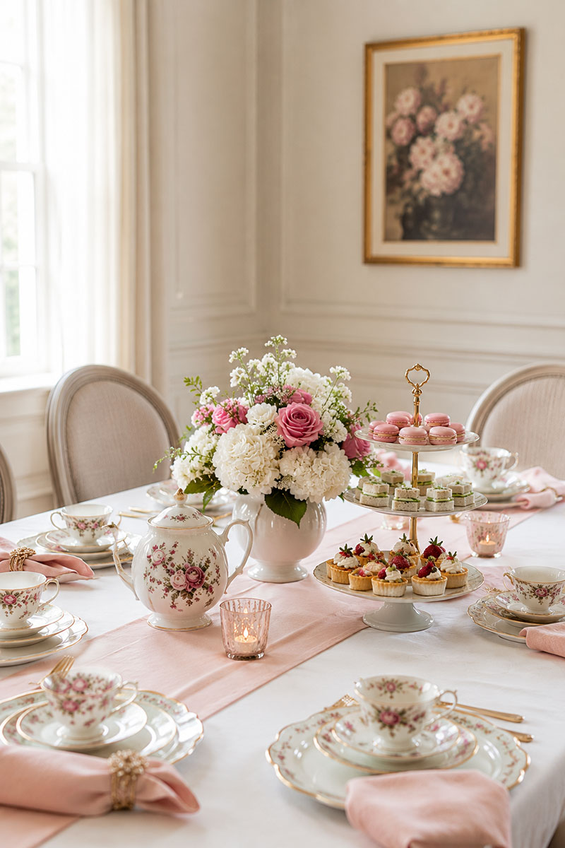 Tea party table setup with layered serving stands and place settings