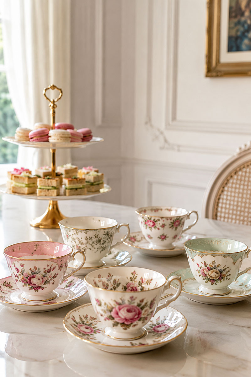 Vintage teacups arranged on a high tea baby shower table