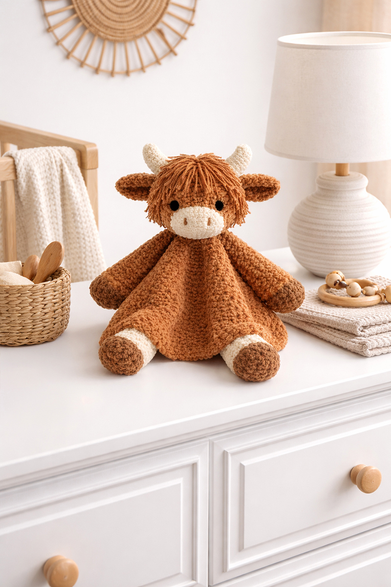 Highland cow crochet snuggler lovey pattern