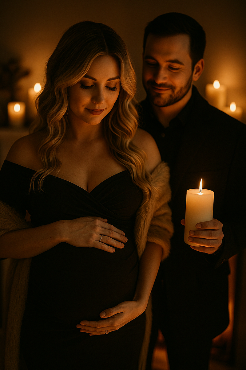 Expecting couple sharing a quiet moment by candlelight during a cozy holiday maternity photo shoot, with her elegant wavy hair and natural makeup softly illuminated by the warm glow.