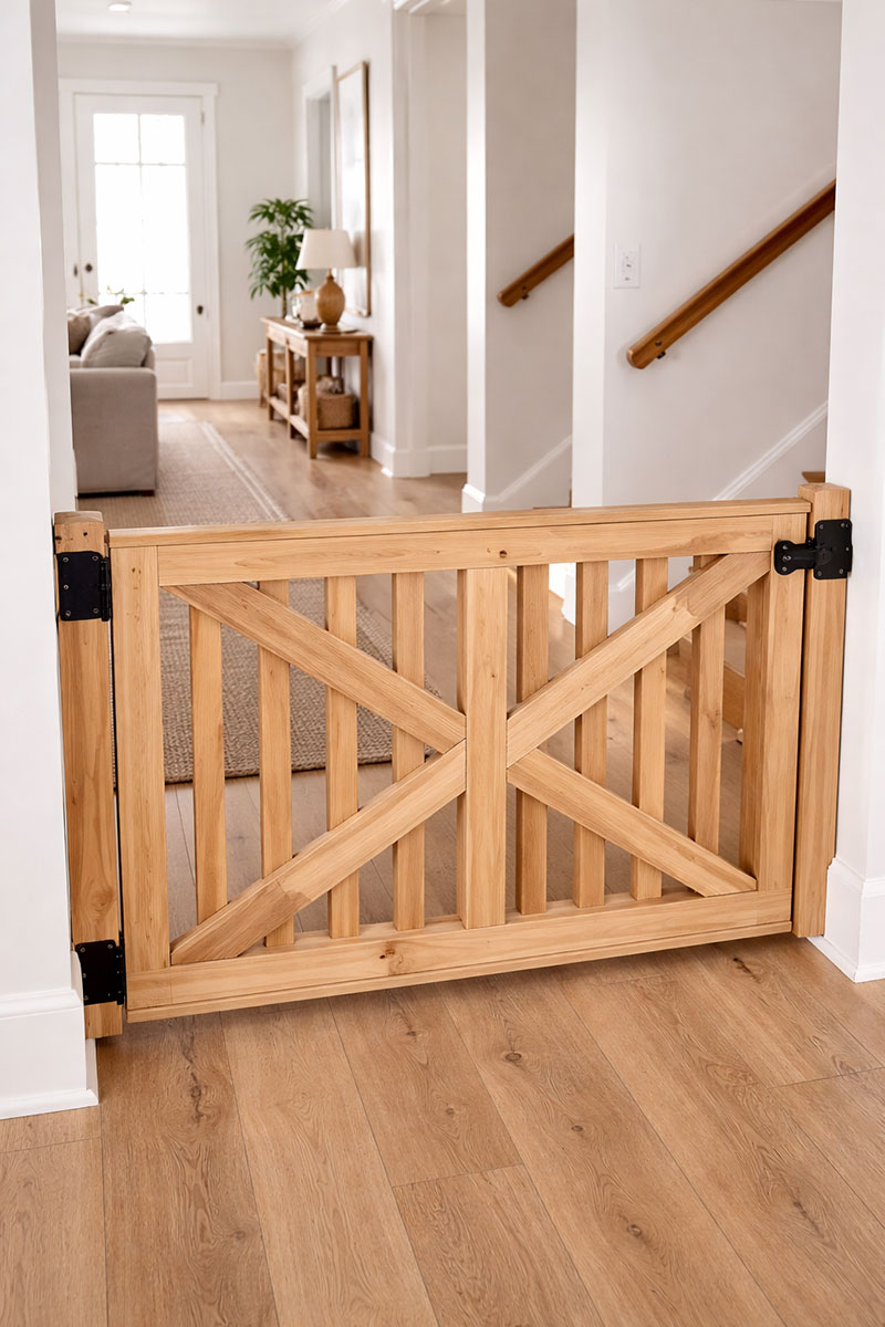 Custom homemade wood baby gate installed in a wide hallway with natural wood finish