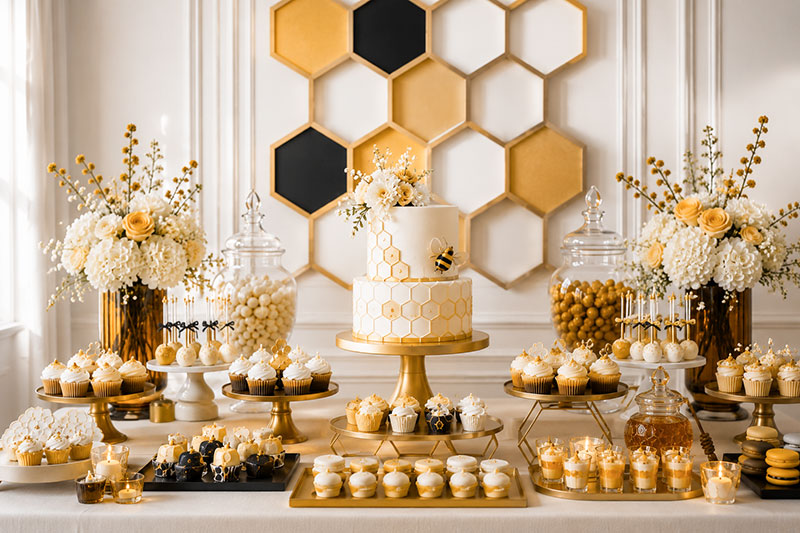Honey bee baby shower dessert display with honey jars lemon treats and elegant yellow party details
