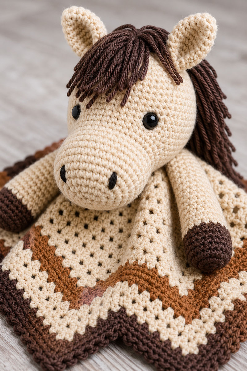 Close-up detail of horse crochet lovey pattern stitching and mane