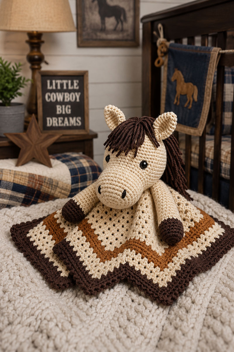 Horse crochet lovey in farmhouse western nursery décor