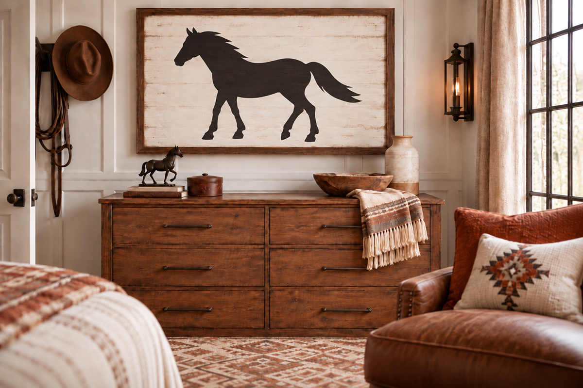 Finished wooden sign made with the free horse stencil, styled in a warm western nursery