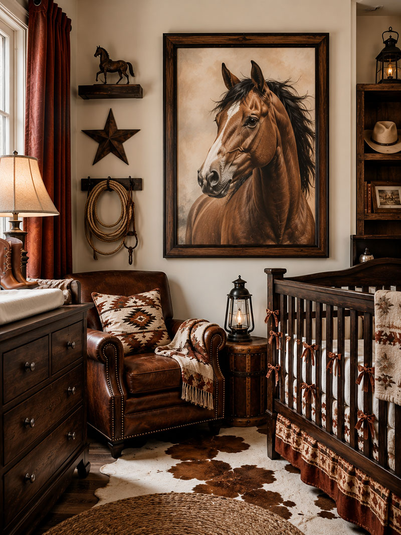Horse wall art in a western baby room with framed nursery prints
