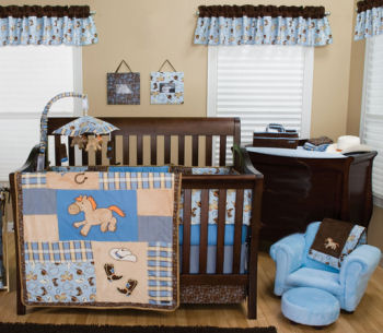 Rocking horse theme baby bedding set for a western cowboy nursery