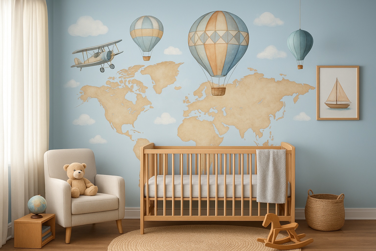 Hot air balloon nursery adventure travel theme with vintage globe decor, wicker baskets, and soft blue sky wallpaper