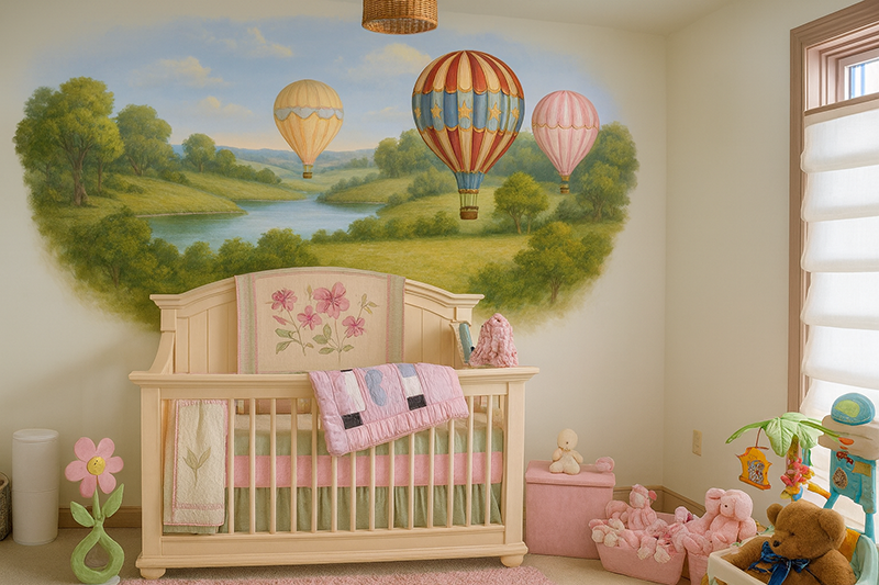 Hand-painted hot air balloon nursery mural over an English countryside