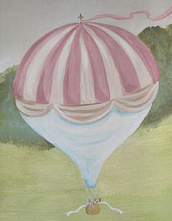 Pink hot air balloon baby nursery wall mural painting in gold cream pink and green for an English garden room theme