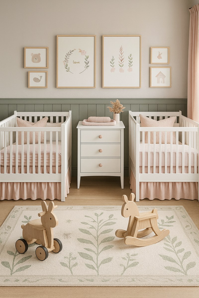 Nursery furniture setup for twins with cribs, a changing table dresser
