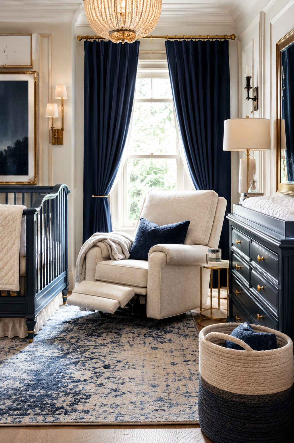Nursery recliner spacing beside crib and dresser in a small baby room