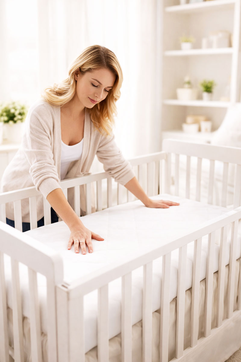 Parent checking firmness and fit of a crib mattress in a softly lit nursery
