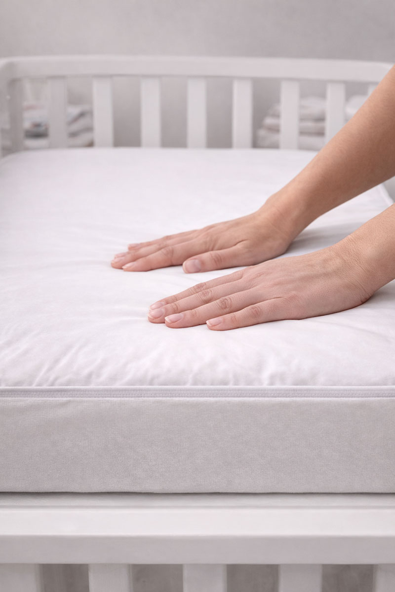 Parent hands smoothing a fitted sheet on a firm crib mattress to show a simple real-life selection moment