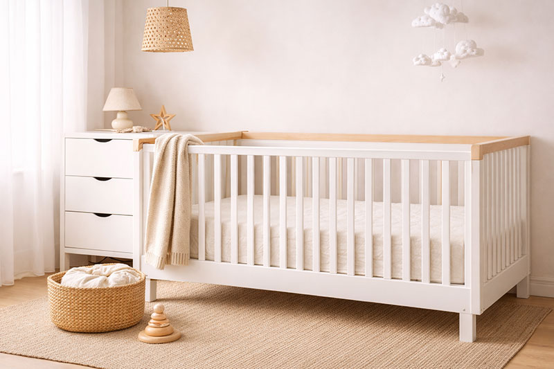 Elegant nursery corner with crib and firm mattress photographed from a side angle