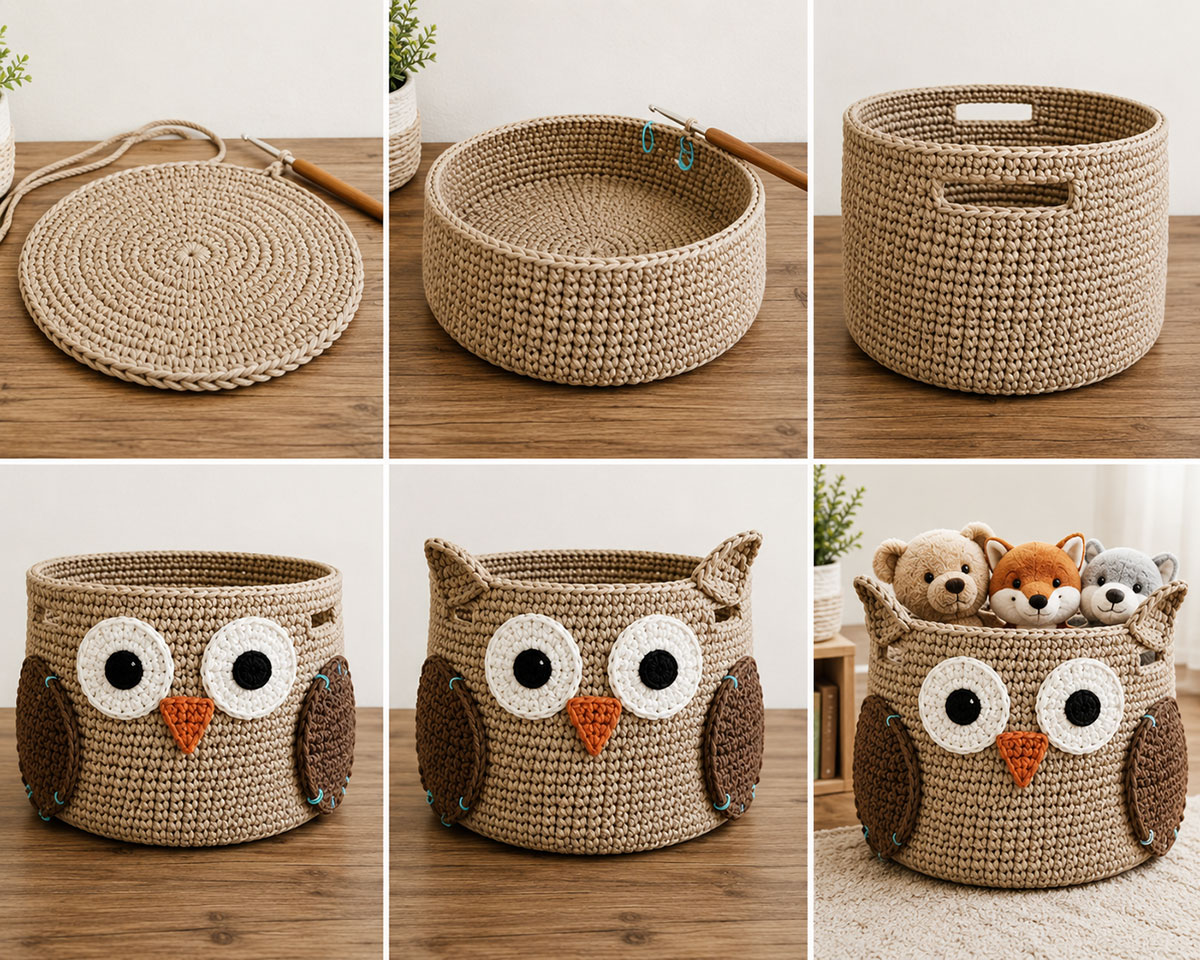 Stages of crocheting a round storage basket from a reinforced flat base to upright walls, a firm rim and raised handles