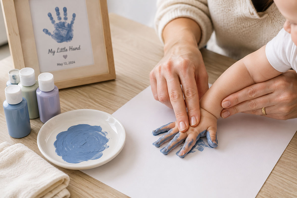Two adults gently pressing a baby’s painted hand onto white cardstock while clean-up supplies wait nearby