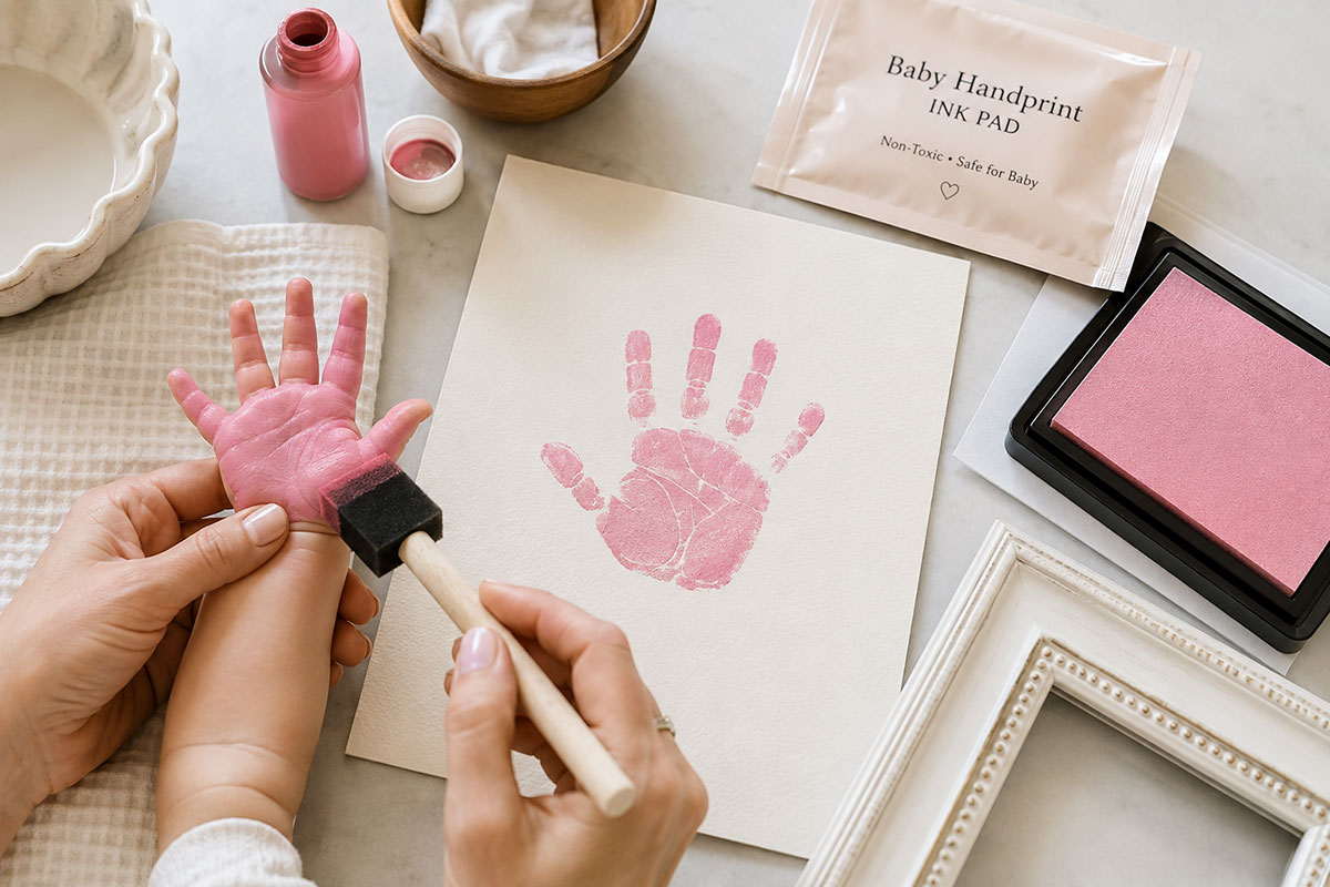 Adult applying a thin coat of pink paint to a baby's hand beside a finished handprint on heavyweight paper