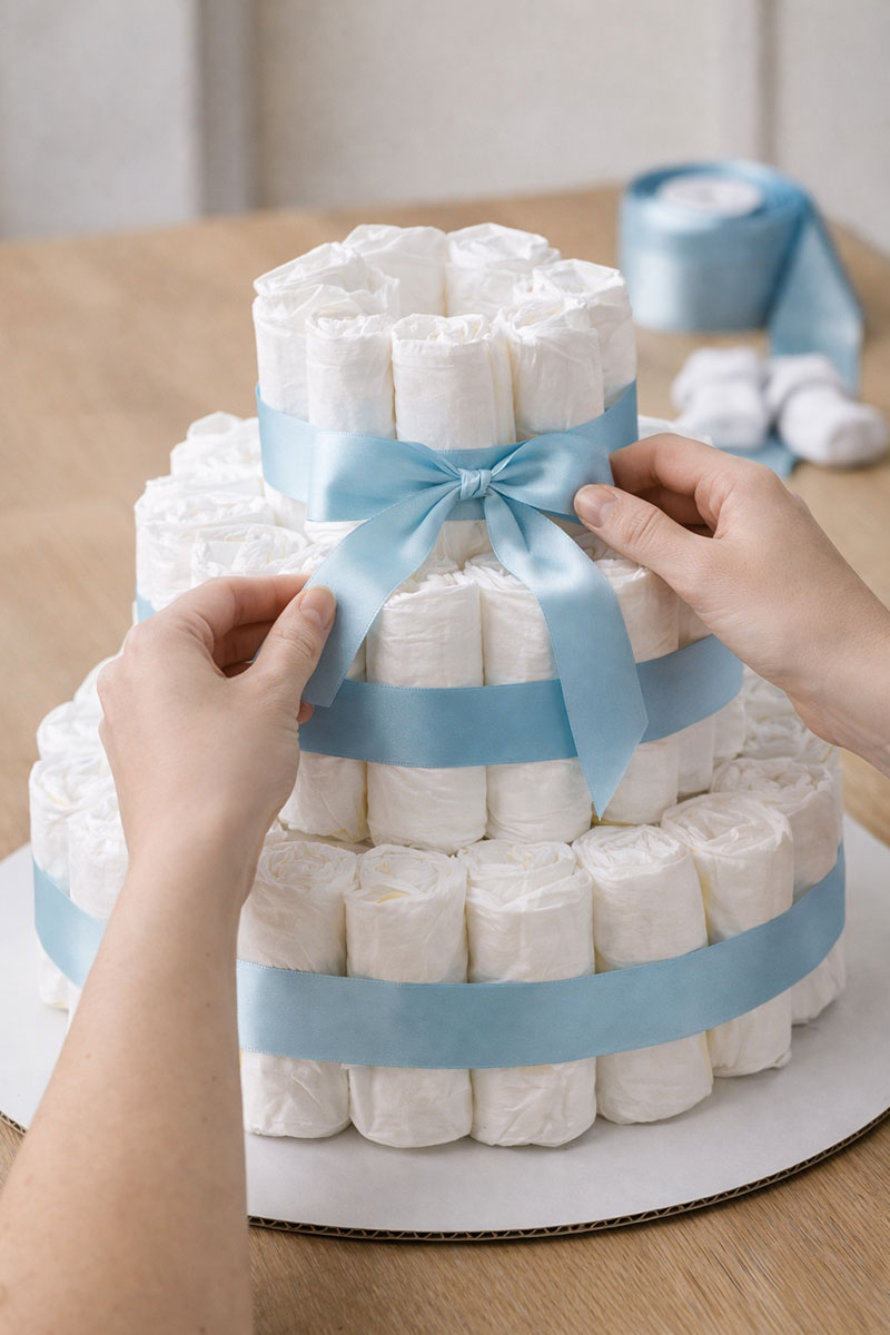 Hands assembling a diaper cake tier on a round base