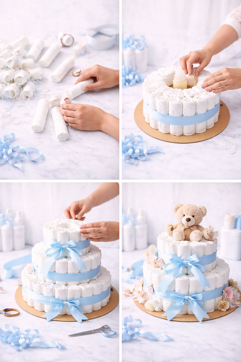 How to make a diaper cake step by step for a baby shower centerpiece