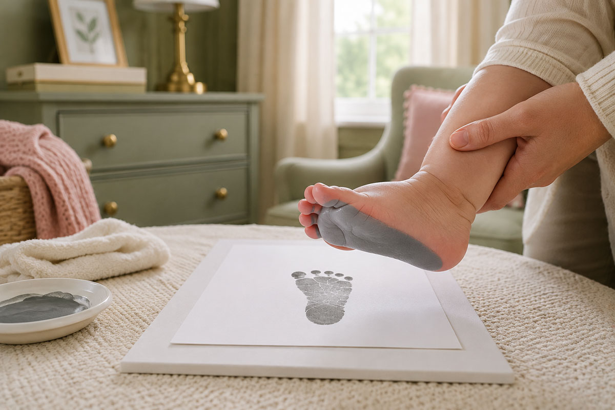 Adult gently lowering a baby's bare foot heel first onto white keepsake paper while supporting the ankle