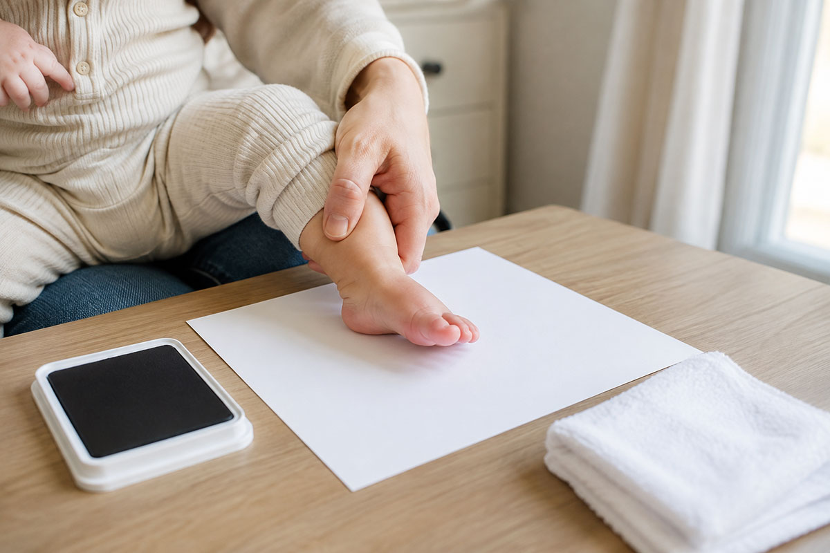 Adult supporting a baby's ankle while lowering the heel and sole onto white paper to make a clear footprint