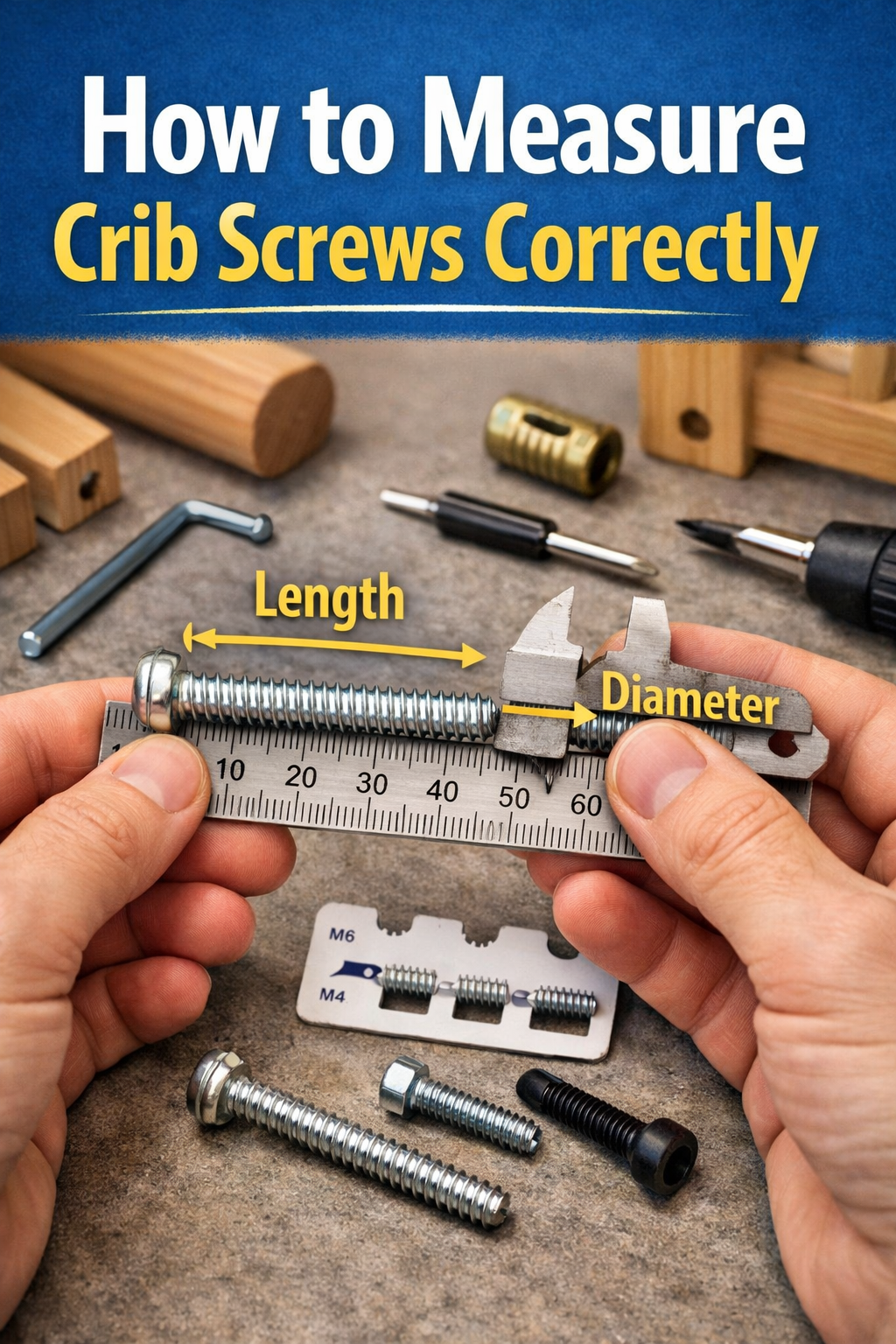 Measuring crib screws correctly with a ruler showing length and thread size for replacement hardware