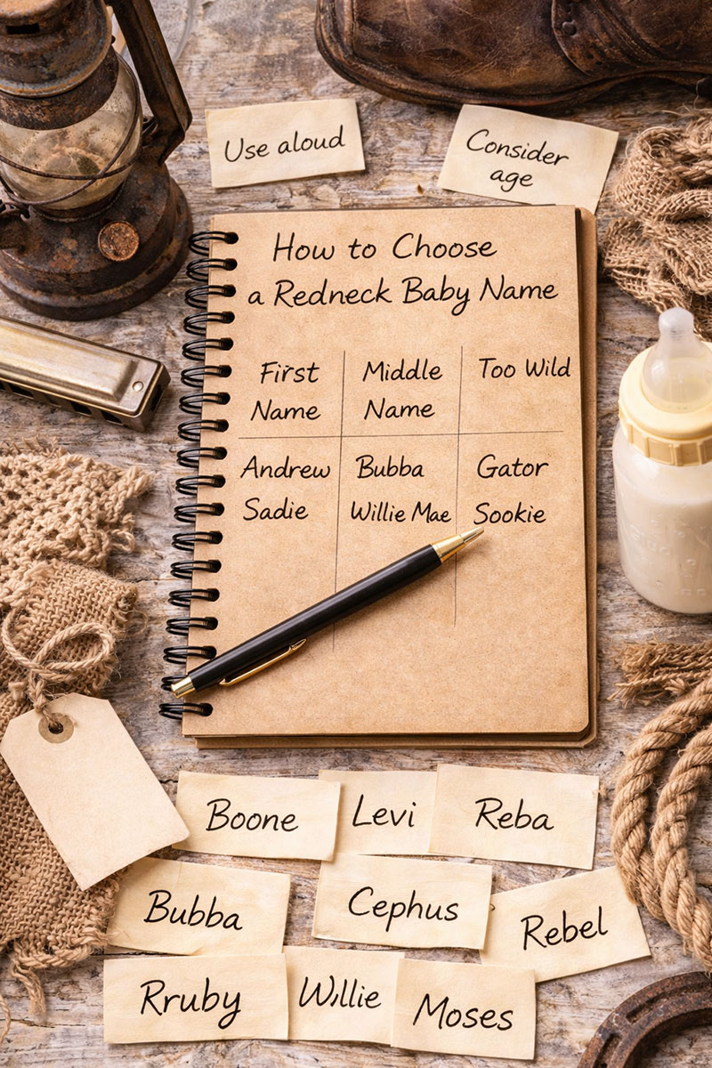 Modern magazine style naming notebook with grouped baby name choices and rustic details