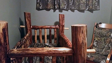 Custom made Mossy Oak Breakup Camo baby crib bedding nursery curtains and rocking chair cushions